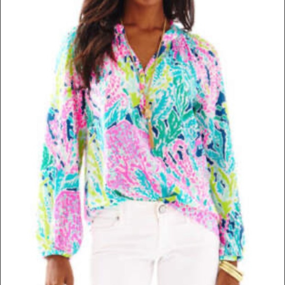 Lilly Pulitzer Navy Way Lets Cha Cha Silk Elsa Top Blouse